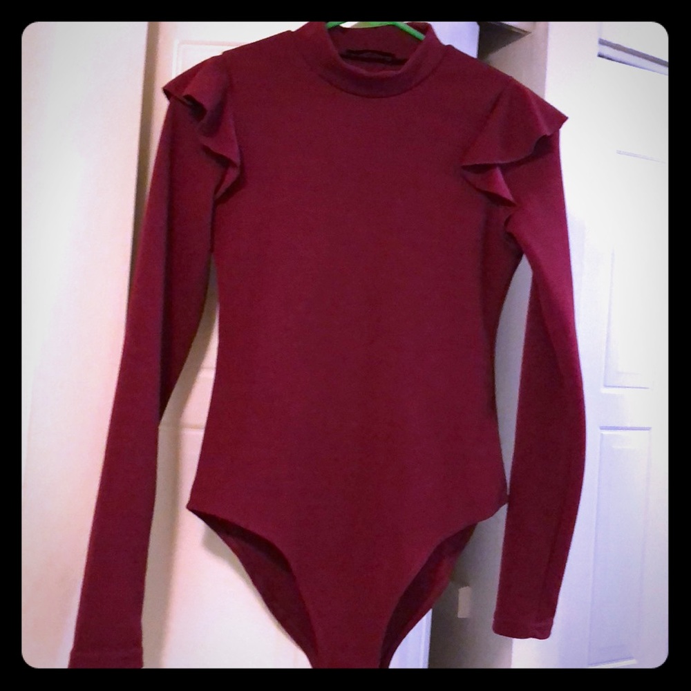 Very Cute Ruffled Sleeve Burgundy Bodysuit